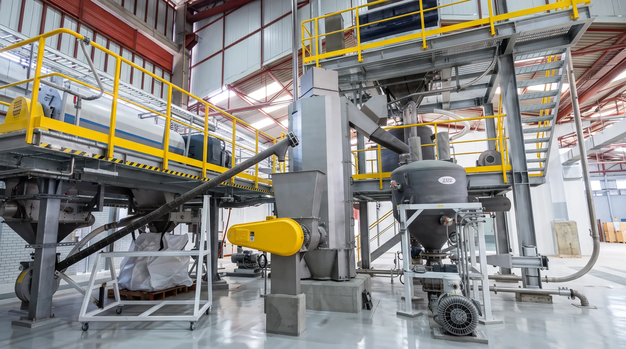 Planta de procesamiento industrial con propulsor de transporte neumático en fase densa, tornillos de dosificación volumétrica y plataformas estructurales.