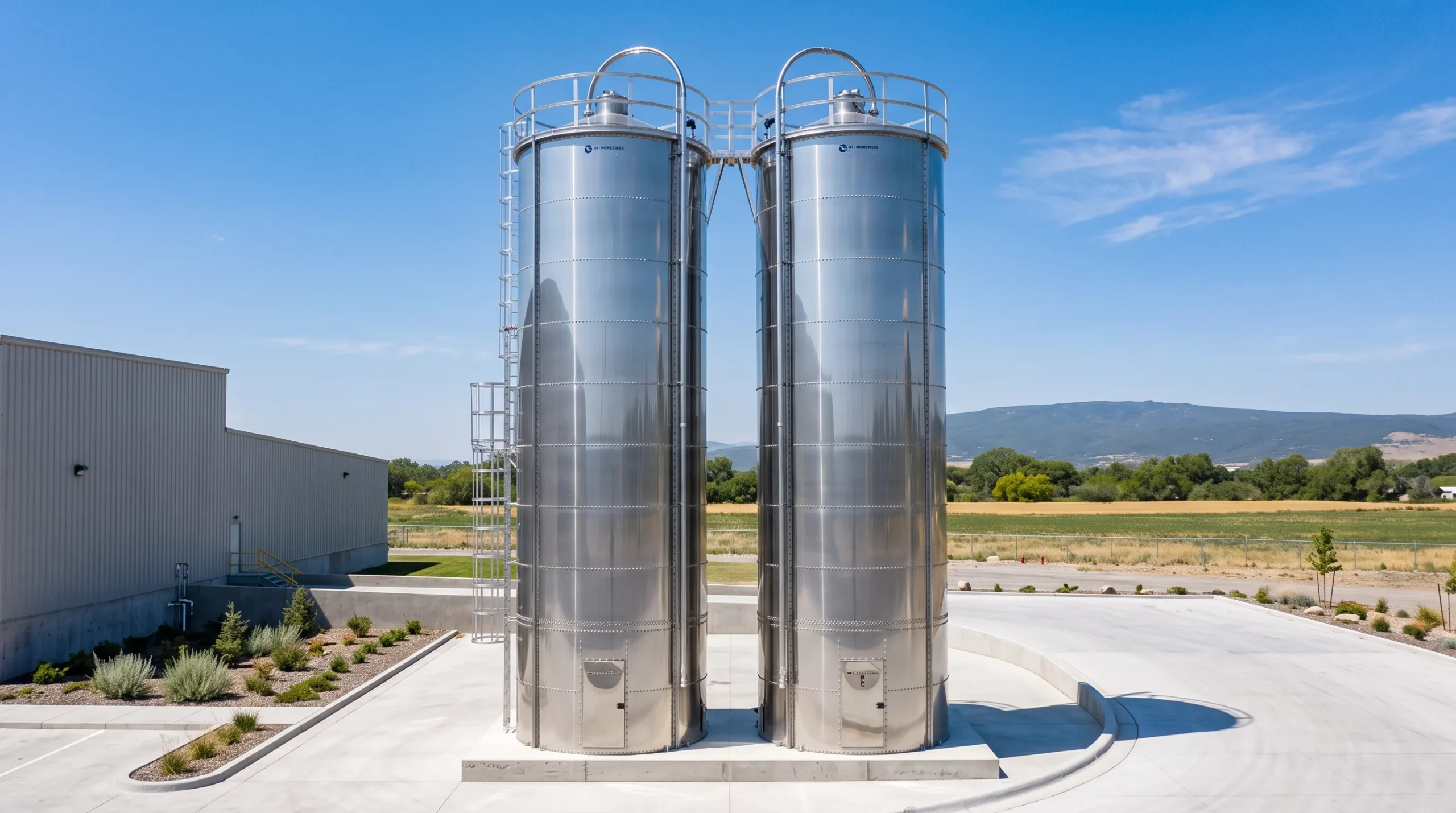 silos atornillados de acero inoxidable instalados a la intemperie sobre losa de concreto, con escaleras de seguridad y compuertas de acceso inferior.