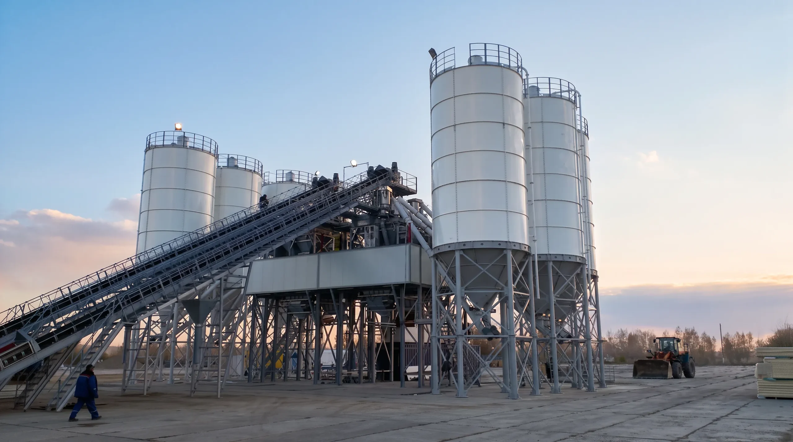 Complejo industrial de silos atornillados blancos de alta capacidad integrados con banda transportadora inclinada y estructuras de soporte metálicas.