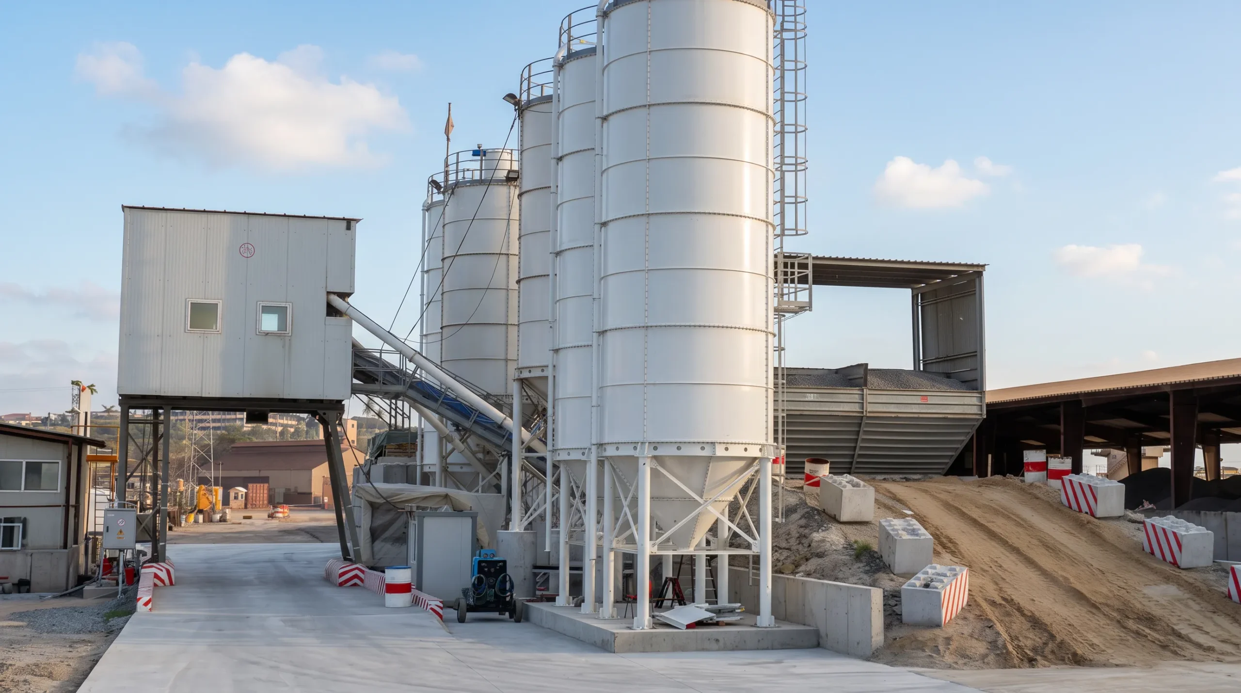 silos atornillados en Acero al Carbón de alta capacidad en planta de agregados, alimentados por banda transportadora inclinada junto a cabina de control.