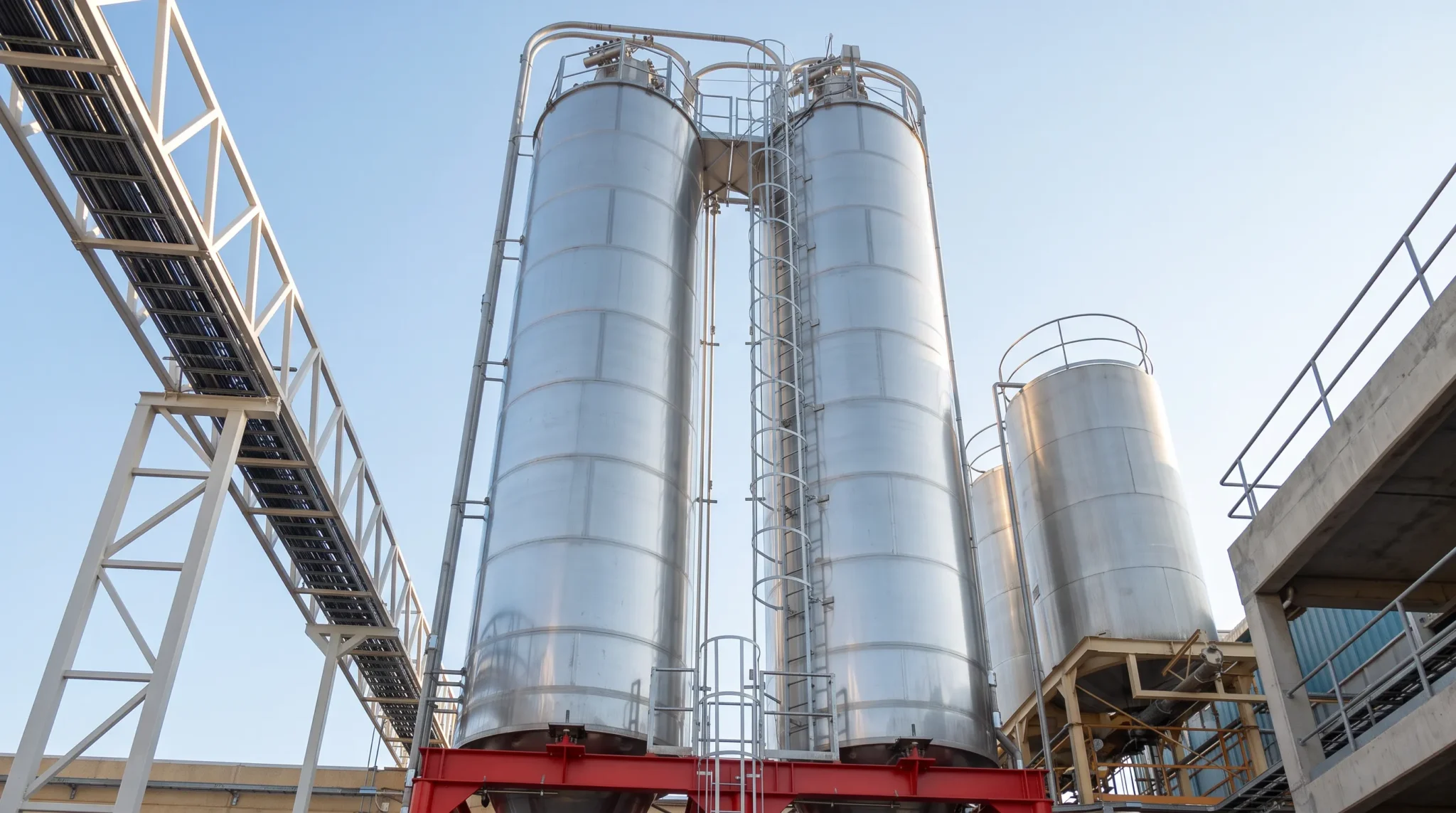 Silos metálicos elevados sobre estructura de acero para el almacenamiento masivo de granos, integrados con redes de transporte neumático para industrias.